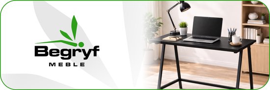 Zwart bureau met laptop, lamp en mok, met Begryf logo.