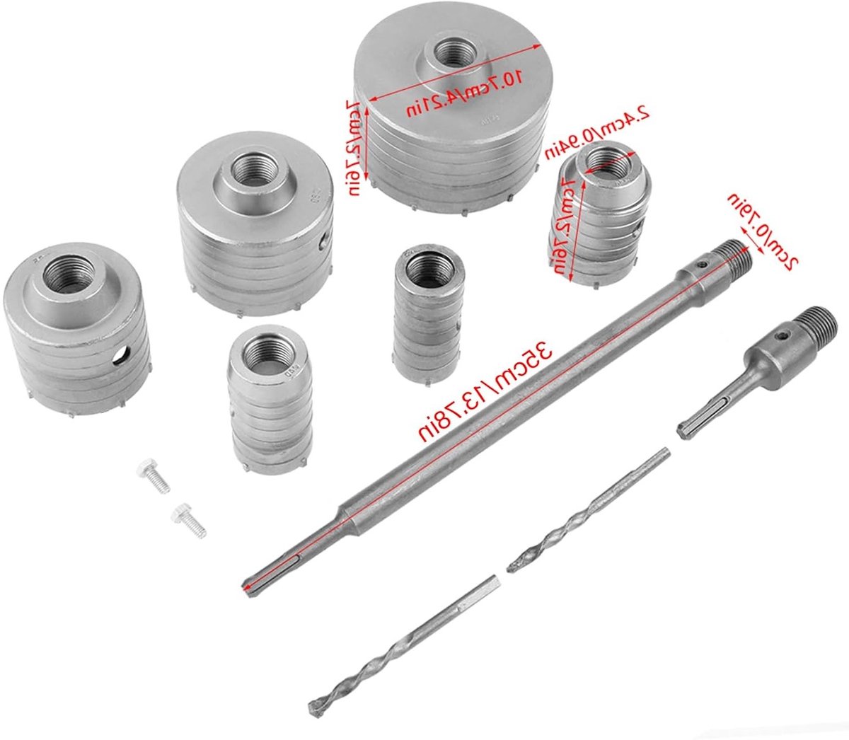 Set van 10 TCT Kernboor Bits met SDS Verlengstuk, 35mm tot 110mm, Geschikt voor Hout en Beton