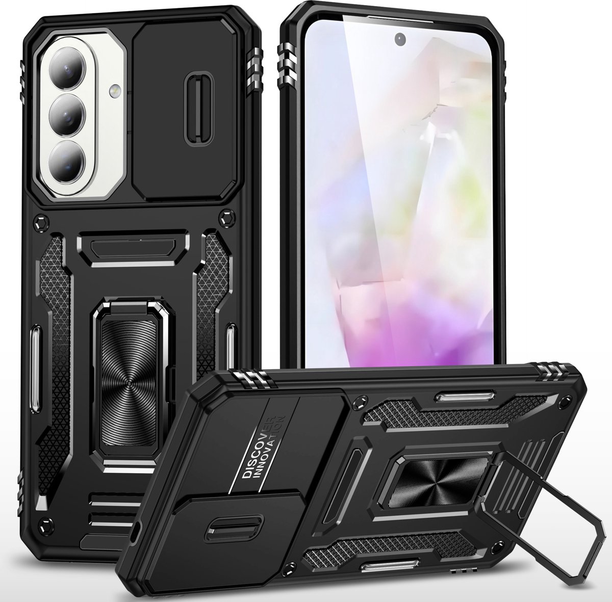 Podec Hoesje geschikt voor Samsung Galaxy A57 - Zwart Telefoonhoesje - Anti-Shock Case Cover - Hybrid Armor Hoes met Kickstand Ring met Screenprotector