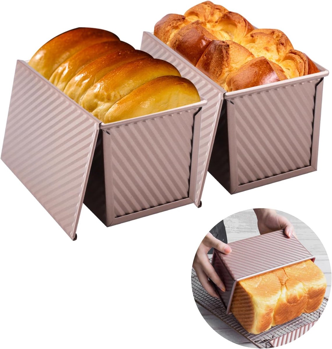 2pcs Broodvormen voor Bakken met Deksel - 450g Deeg - Anti-aanbak Broodpan - Koolstofstaal Golfvormige Broodvorm voor Oven Bakken - Zelfgemaakte Taarten - Toastbrood