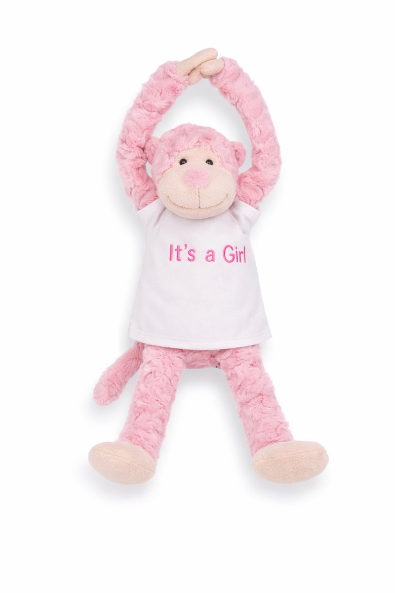 Knuffel aap – origineel en lief kraamcadeau – Dit schattige knuffelaapje met de tekst “It’s a Girl” is een perfecte verrassing – Gender Reveal Cadeau – Baby Aankondiging Meisje – Geboorte cadeau jongen – slinger aap