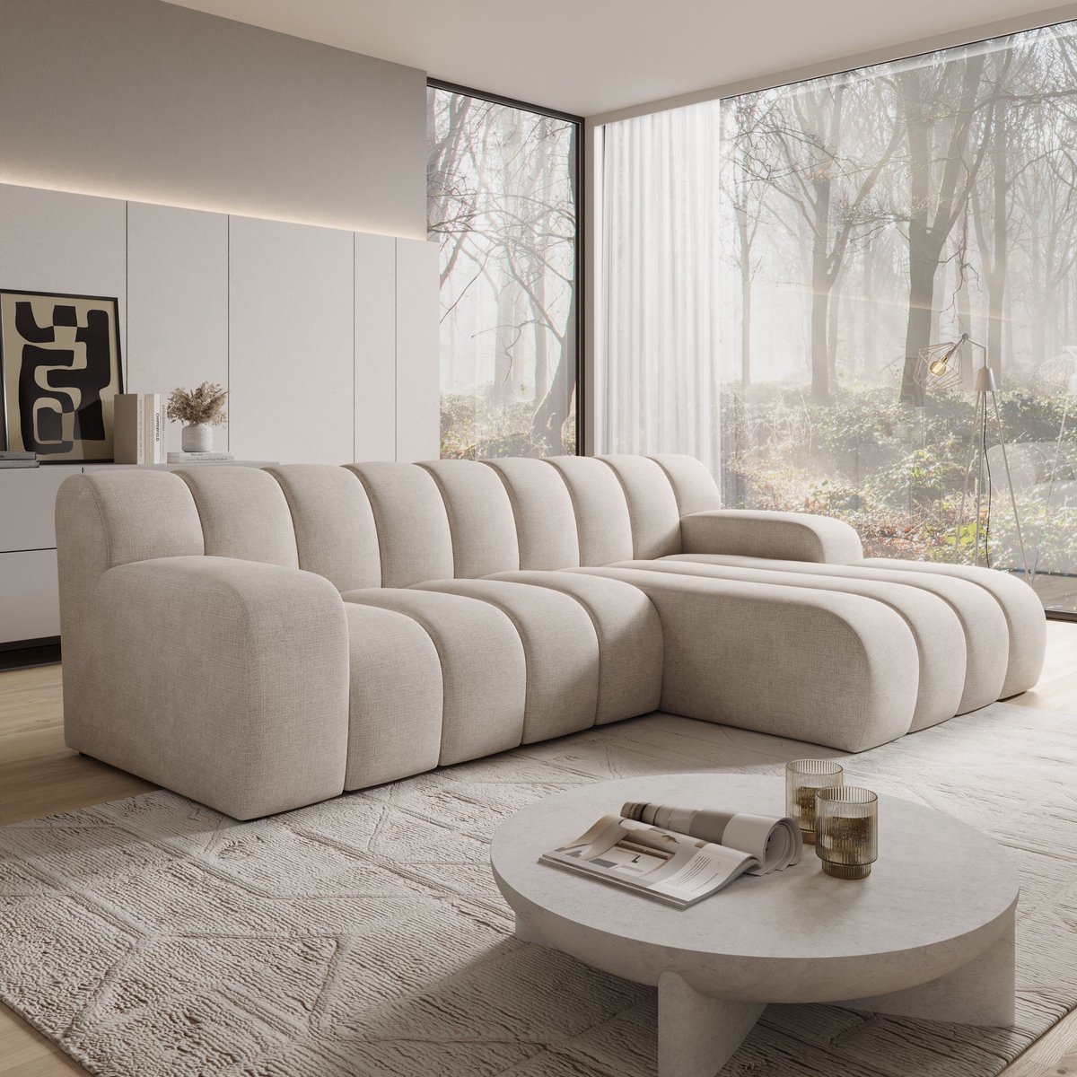 Meubella - Brunello - Hoekbank 3-zits - Stof beige - Rechts