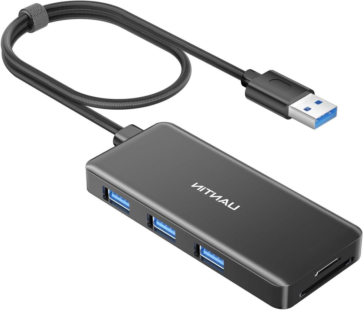 USB-hub Kaartlezer - Adapter Hub - Bestanden Overzetten - 3 USB-A Poorten - 60 cm - Grijs