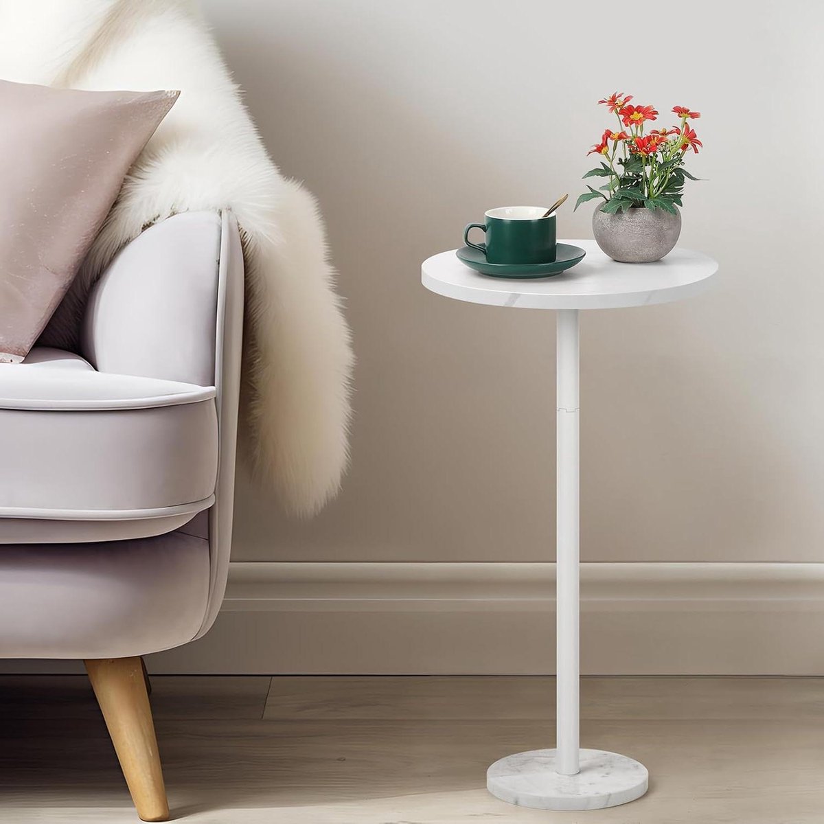 Bijzettafel Rond - Cocktailtafel Sokkeltafel - Buiten Zitten - Verzwaarde Marmeren Basis - 32 cm x 62.5 cm - Wit
