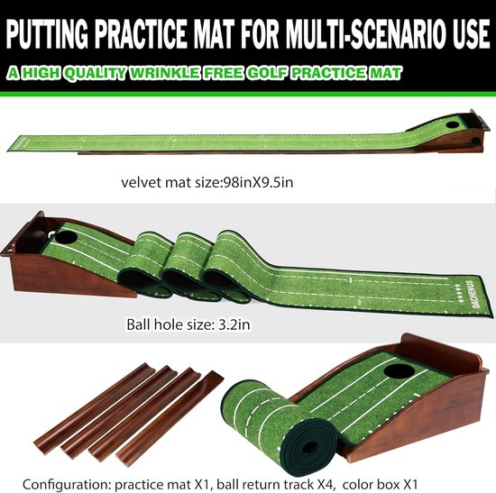 Golfmat - Putting oefenen - Indoor golf - Massief houten basis - 40 x 16 cm - Groen — afbeelding 4