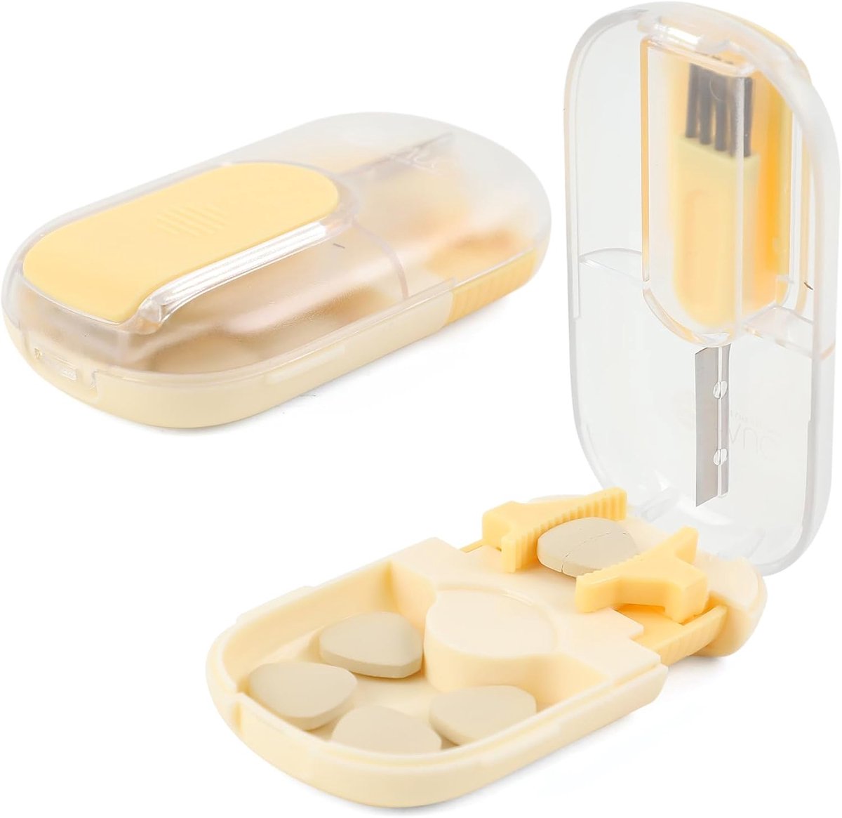 Tablet Divider - Tablet Cutter met Kleine Borstel en Opbergruimte - Verstelbare Magnetische Opbergpillenscheider voor Reizen - Kamperen en Dagelijks Gebruik (Geel1)