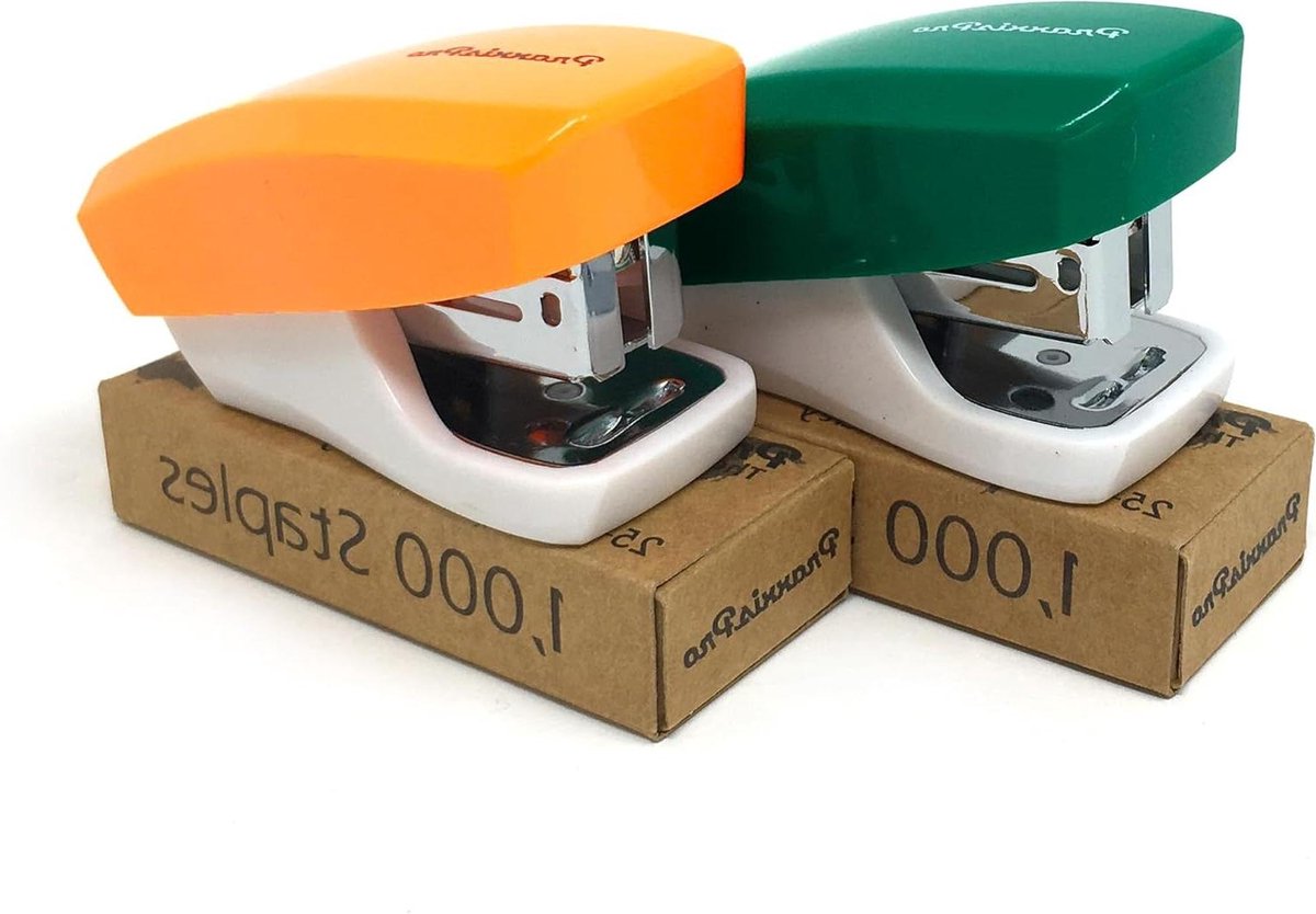 Mini nietmachines set - Kleine nietapparaten - Papier nieten - Niet tot 18 vellen - Set van 2 - Oranje groen