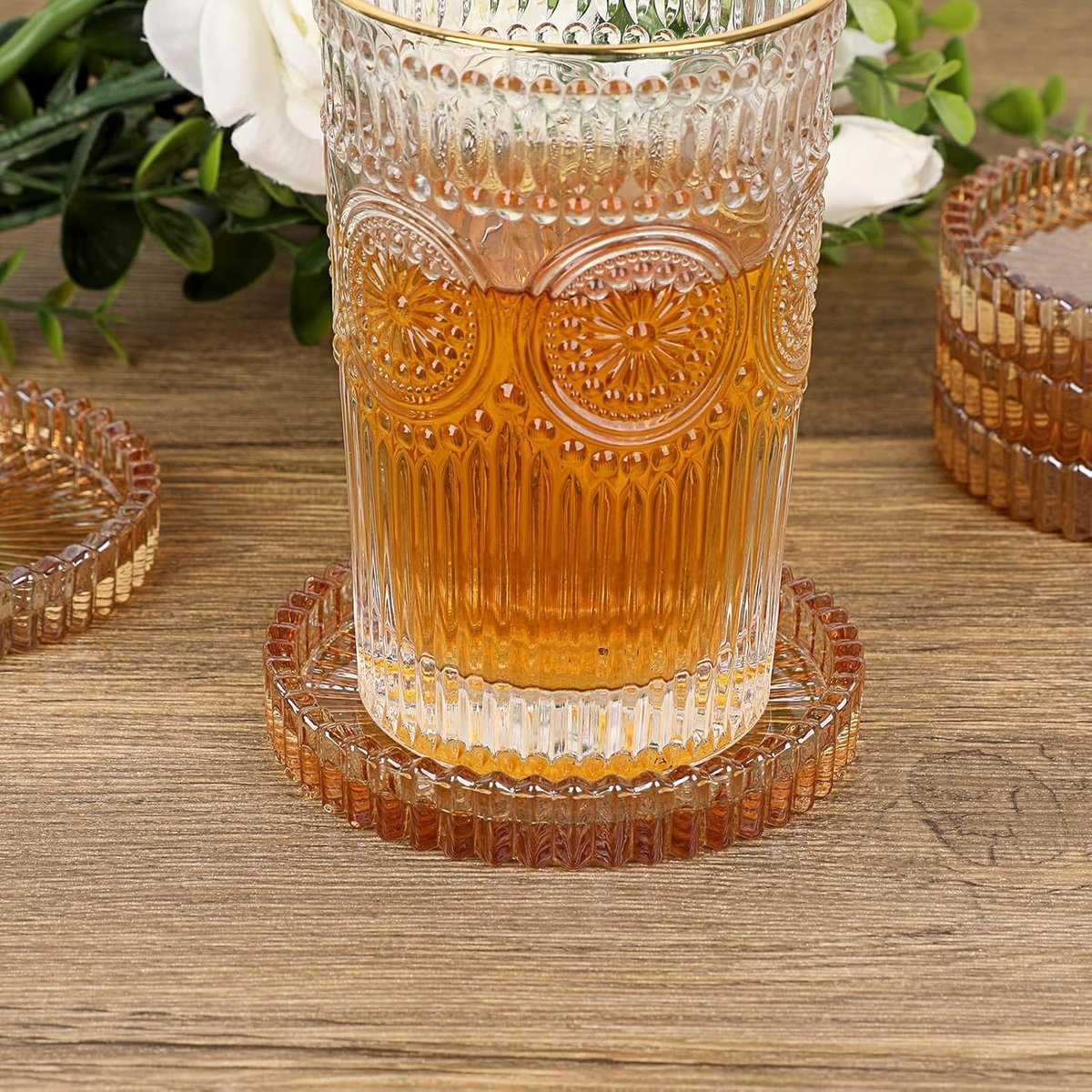 Kristallen Onderzetters - Glazen Drinkmatten - Tafel Beschermen - Verhoogde Rand - 10 cm Diameter - Amber