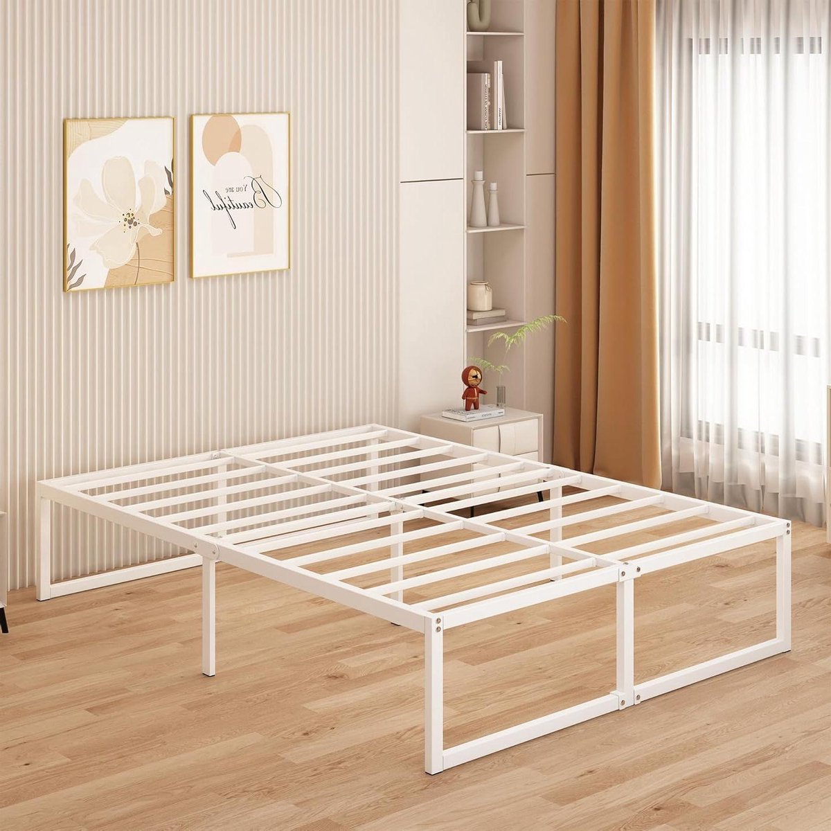 Bedframe 150x200 cm - Tweepersoonsbedframe Metalen - Opbergen Onder Bed - Geruisloos Stabiel Ontwerp - 46 cm Hoogte - Wit