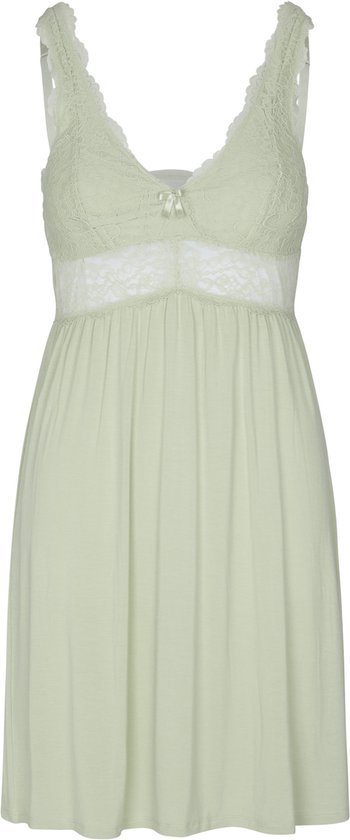 Lichtgroene slipdress met kanten details op de top, v-hals en strikje.