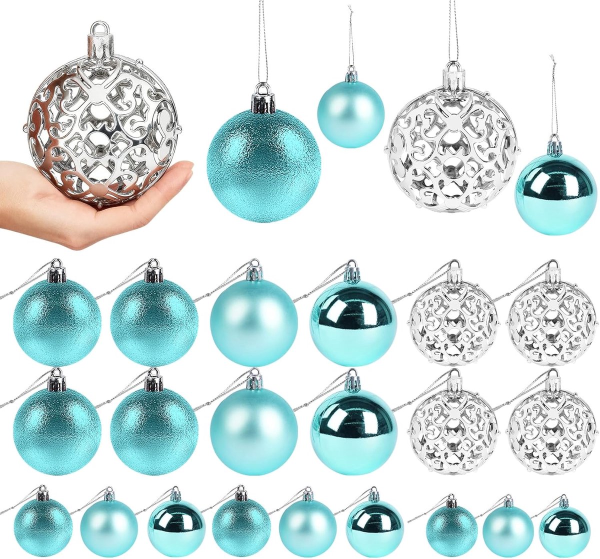 Kerstballen Set - Kerstboom Decoratie - Feestelijke Versiering - Onbreekbaar Plastic - 100 stuks - Blauw Zilver – foto 7
