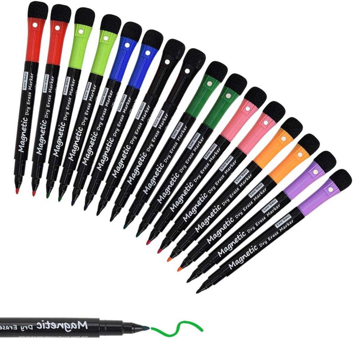 16 Stukken Magnetische Whiteboard Markers - Odourless Droogwasbare Foliepen met Spons en Gum voor Thuis - School - Kantoor, 8 Kleuren, Ronde Punt, 1-2 mm