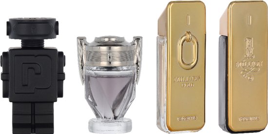 Paco Rabanne miniaturen: zwarte robot, zilveren trofee, gouden "1 Million Gold" en gouden "1 Million".