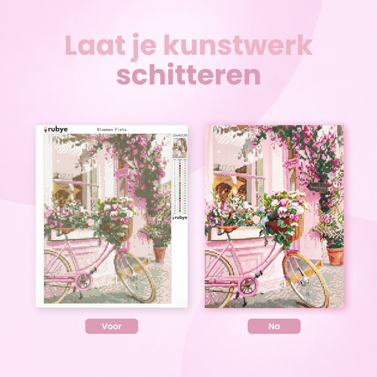 Rubye® Diamond Painting Volwassenen - Diamond Painting Kinderen - Diamond Painting Pakket Volledig - Bloemen Fiets - 30x40cm — afbeelding 8