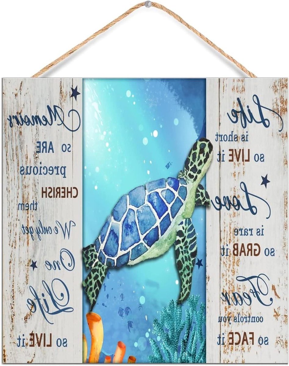 Houten Wanddecoratie Schildpad - Wandbord Strand Thema - Woonkamer Decoratie - Met Touw Ophangsysteem - 12x12 inch - Rustiek