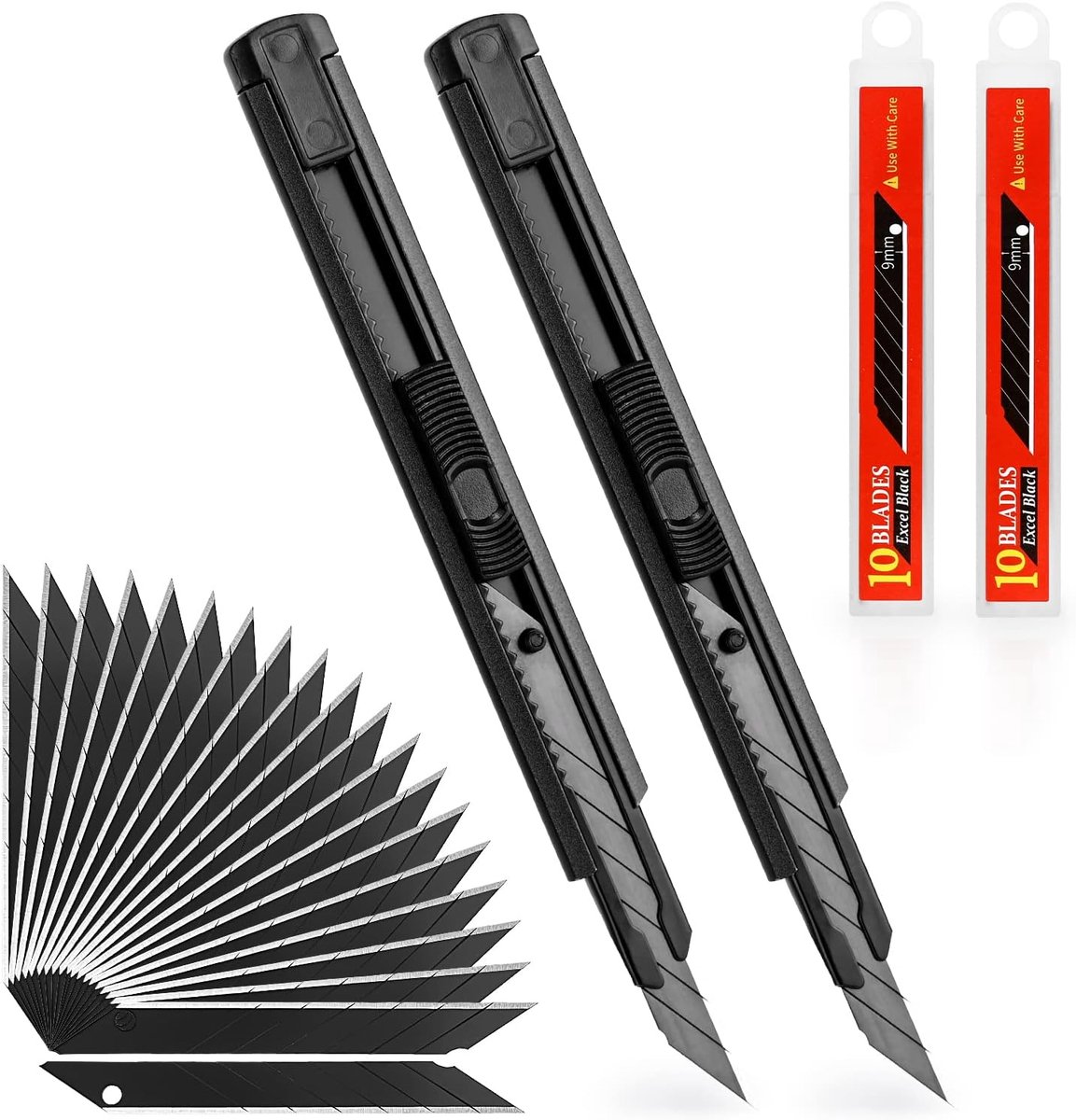 2 Pieces 9 mm Cutter Knife met 20 Snap-off Blades - Professionele Metal Cutter met Automatische Vergrendeling voor Precies Snijden - Zwart