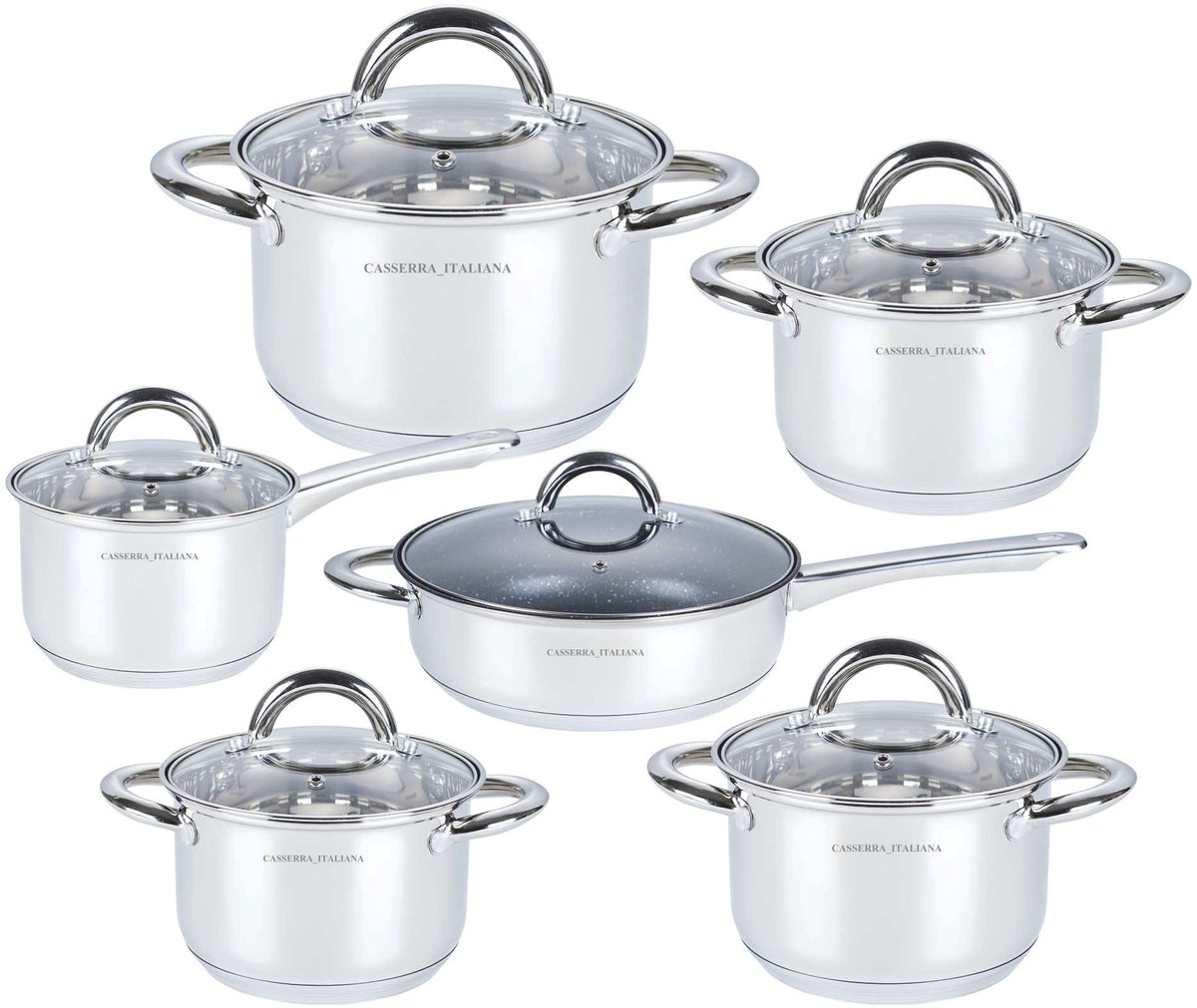 Casserra Italiana Luxe Pannenset 12-delig – RVS – Inductie – 5-Laags Bodem – Met Glazen Deksels