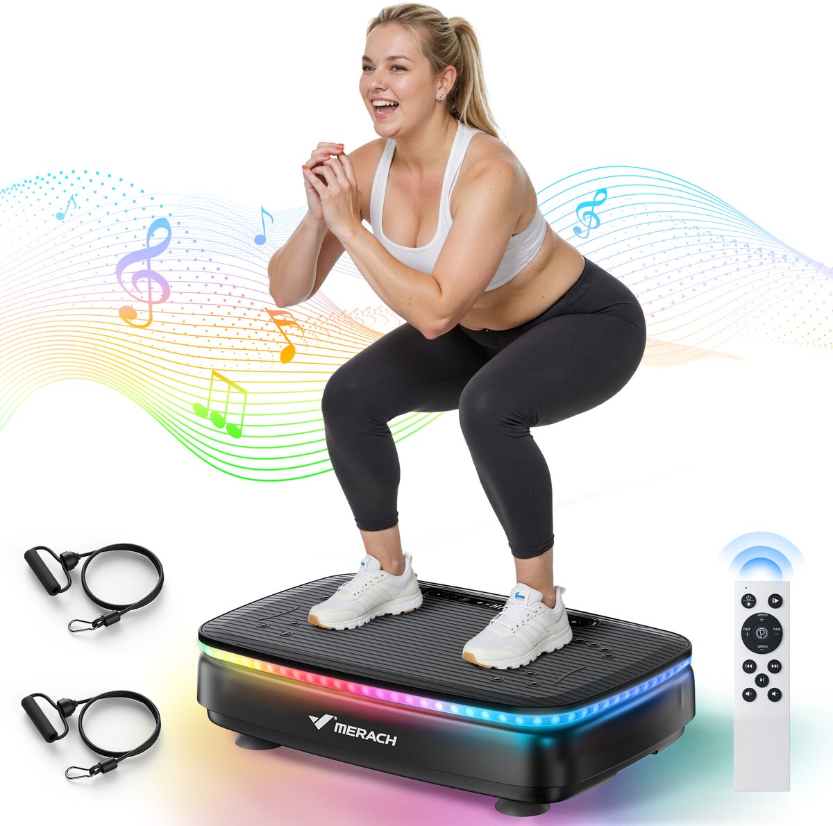 MERACH Vibratieplaat met 99 Snelheden & 9 Automatische Programma’s - 720 Trillingen/min - Bluetooth, LED Display, Trekkoorden & Afstandsbediening voor Fitness Thuis - Zwart