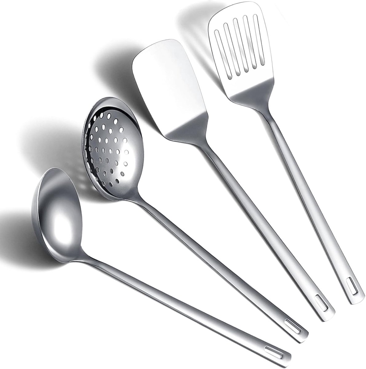 Stainless Steel Keuken Gereedschap - 4 Delige Set met Sleuf Spatel - Solid Spatel - Skimmer - Lepel - Roestvrij - Lange Handgreep - Hanglus - Vaatwasser Veilig - Dagelijks Koken en Serveren