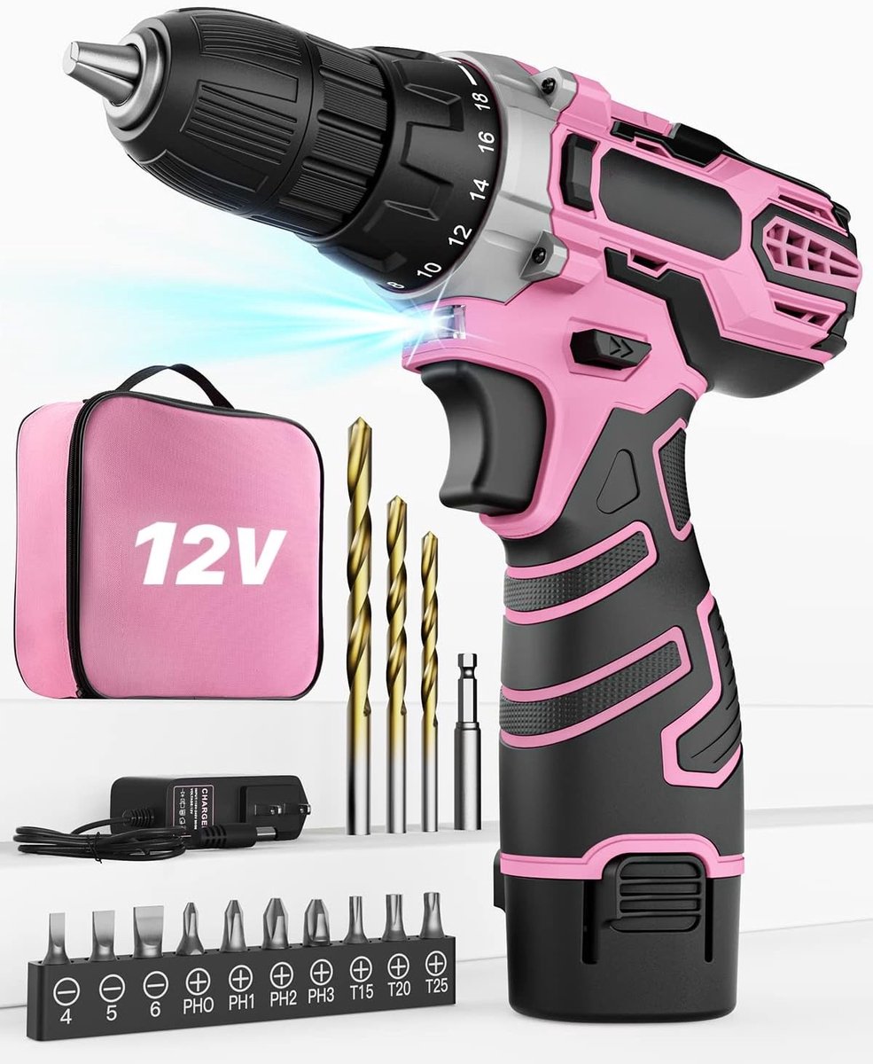 Compacte accuboormachine - 12V - Met opbergtas en accessoires - Mini boormachine - Roze