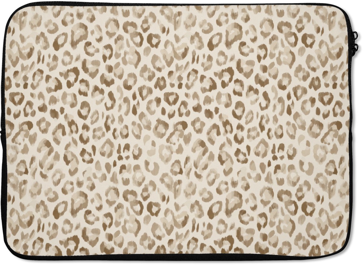 Laptophoes 14 inch - Luipaard - Klassiek - Beige - Laptop sleeve - Binnenmaat 33x23 cm - Zwarte achterkant