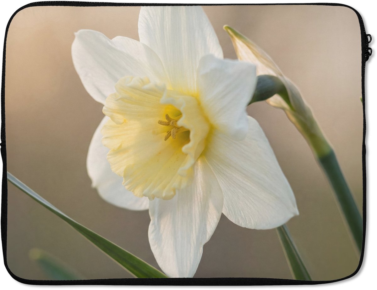 Laptophoes 17 inch - Narcis - Bloem - Minimalistisch - Laptop sleeve - Binnenmaat 41x28 cm - Zwarte achterkant