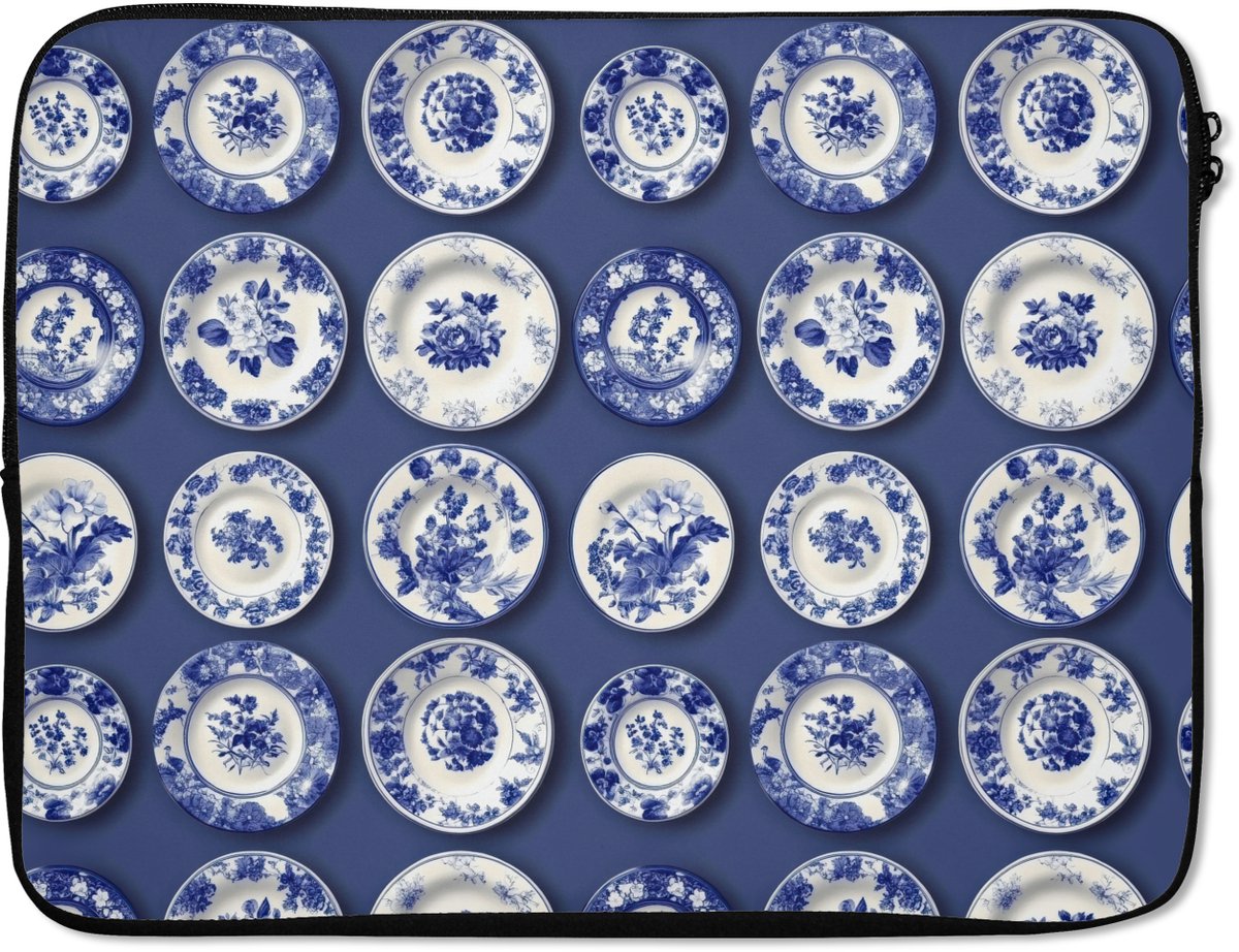 Laptophoes 17 inch - Borden - Floraal - Blauw - Laptop sleeve - Binnenmaat 41x28 cm - Zwarte achterkant