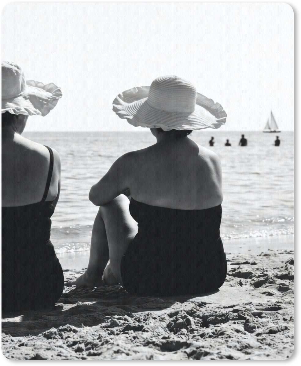 Muismat 12x16 cm - Mousepad Vrouwen - Zonnehoed - Strand - Zwart - Wit - Muismatten