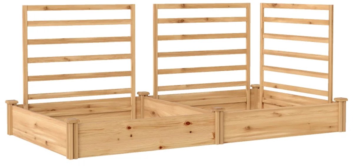 Plantenbak met Klimrek - Verhoogd Bloembak met 3 Klimrekken, Tussenschot - Tuinrek - Tuinbed - Plantenrek - Tuinbak - voor Bloemen, Fruit, Groenten & Kruiden - 240 x 125 x 102 - Naturel Hout