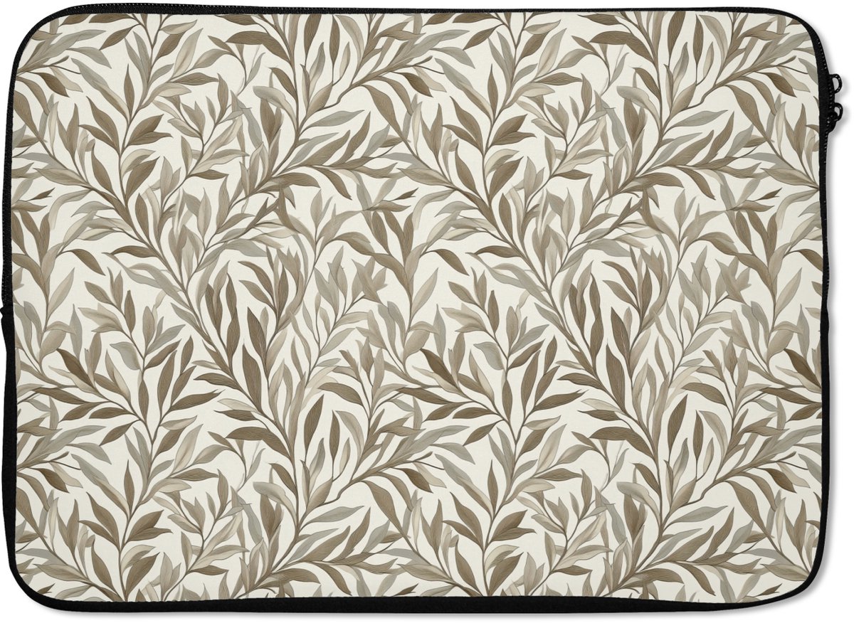 Laptophoes 14 inch - Takken - Botanisch - Taupe - Laptop sleeve - Binnenmaat 33x23 cm - Zwarte achterkant