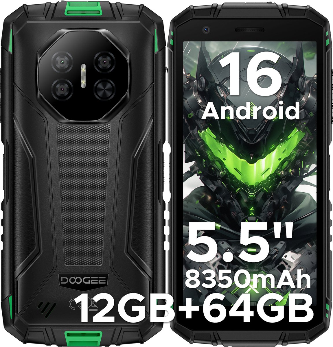 DOOGEE Fire 3 4G - Outdoor Phone - Robuuste Smartphone - 12GB RAM+ 64GB ROM/2TB TF - Android 16 - 8350mAh- 5,5-inch IPS HD+ - 13MP AI-camera - Widevine L1 - Face ID - NFC - IP68 - Groen