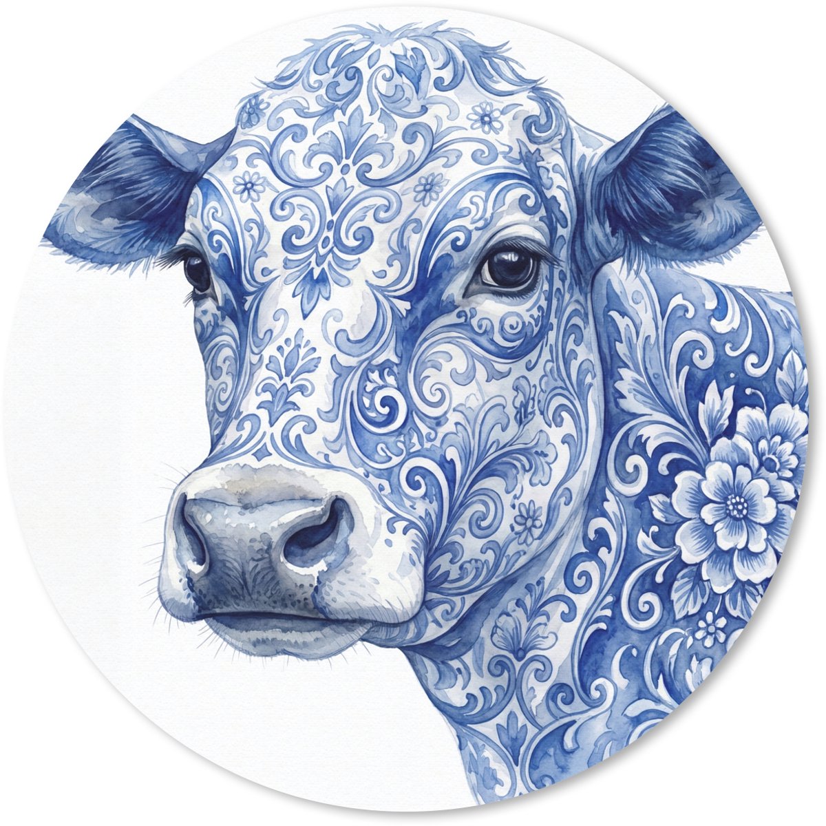 Muismat rond 40x40 cm - Mousepad Illustratie - Koe - Blauw - Ronde muismatten