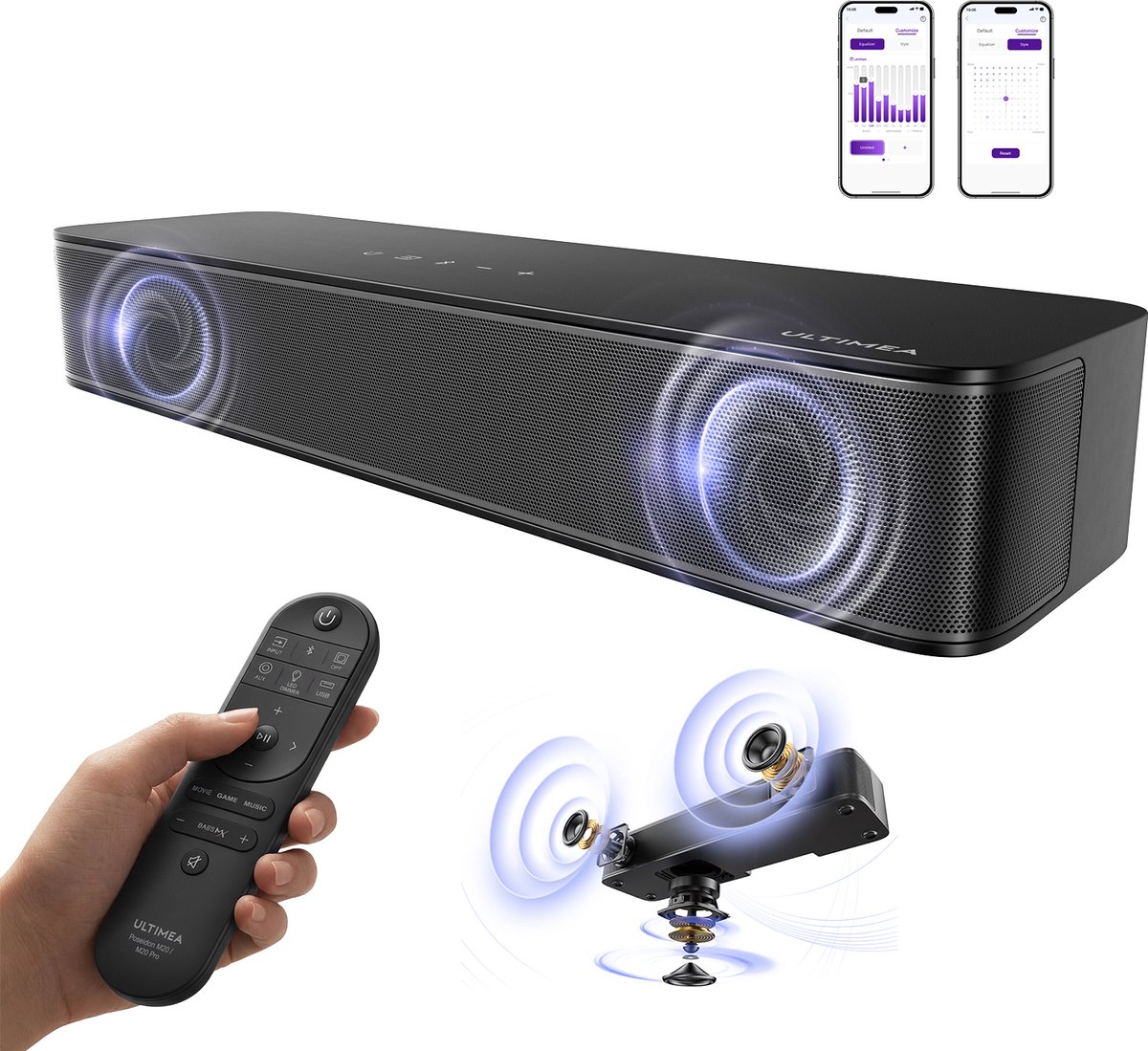 ULTIMEA Poseidon M20 2.1 Soundbar voor TV – met ingebouwde Subwoofer, App-besturing, Bluetooth 5.4