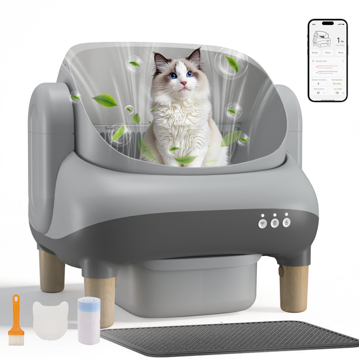 GTPLAYER - Automatische Kattenbak Zelfreinigend - Open Design & App Bediening - Grijs