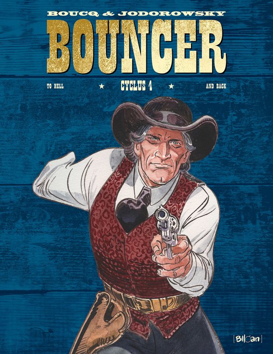 Revolverheld met cowboyhoed en vest, die een pistool vasthoudt. Titel: Bouncer cyclus 4.