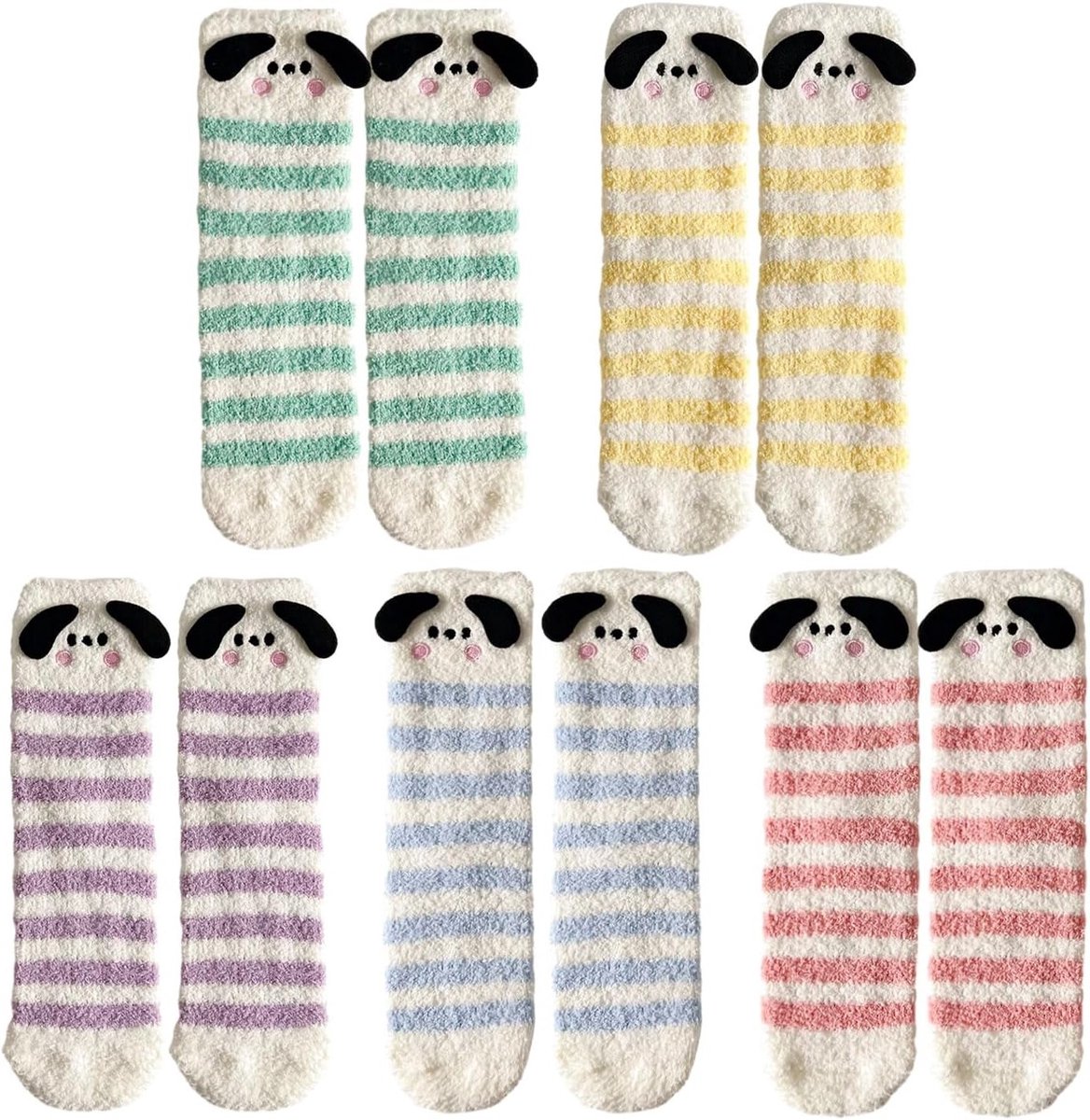 Zachte en Warme Winter Sokken - 5 Paar Gevoerde Kousen, Geurremmende Koraal Fleece, Gestreepte En Fluffy Sokken voor Dames, Ideaal voor Thuisgebruik