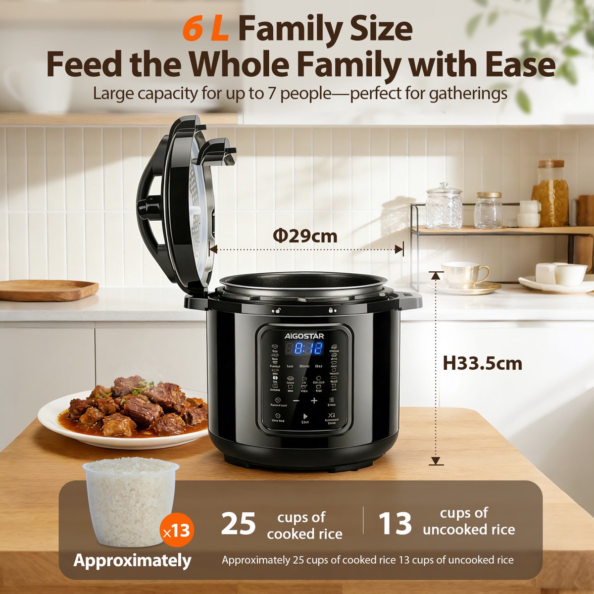 Aigostar Derrick Black - Pressure Multicooker - 6 Liter - Snelkookpan - Slow Cooker - Rijstkoker - Stomer - Zwart – foto 7