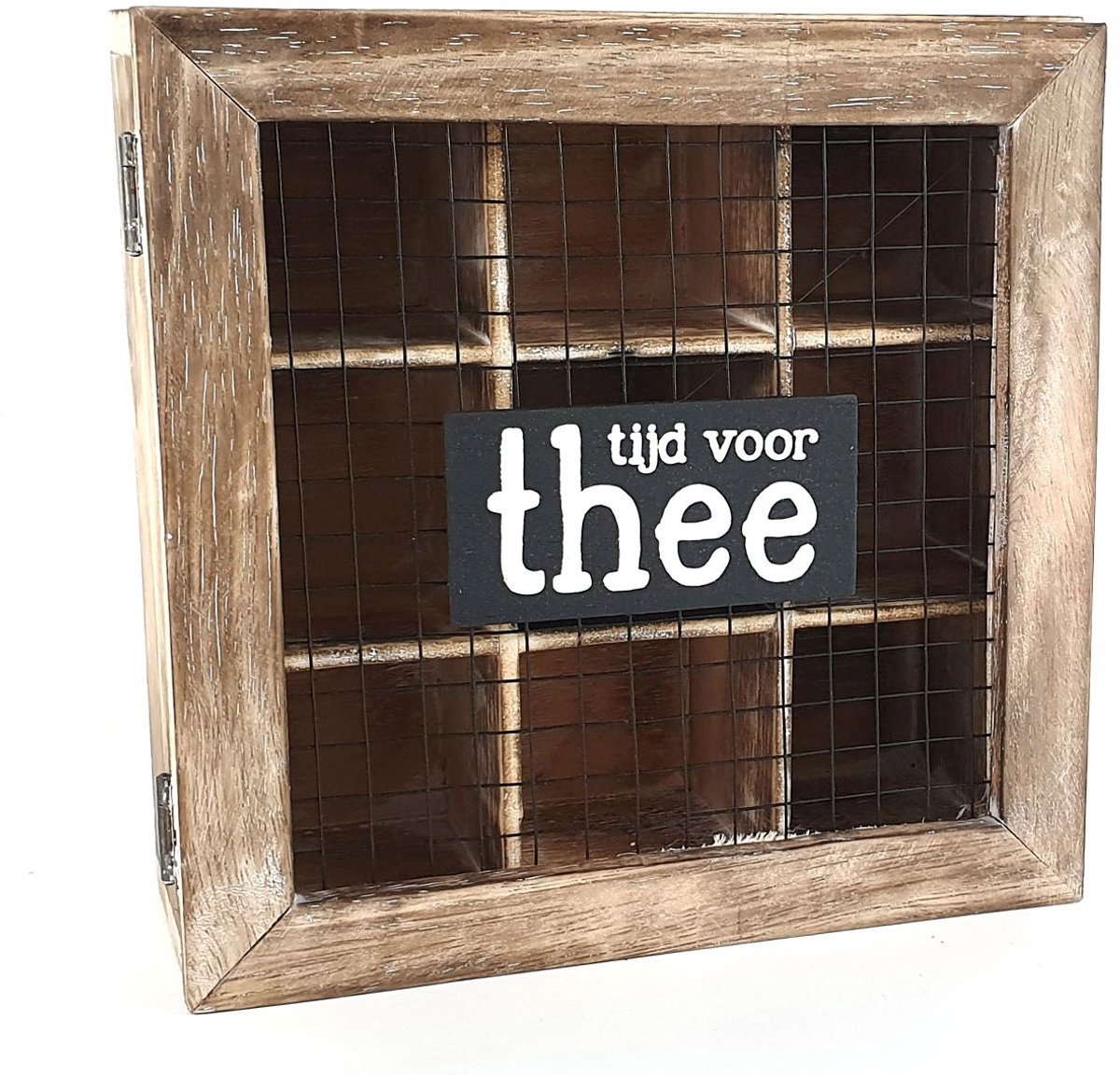 Woodart Houten Theedoos met Raster “Tijd voor Thee” – 23x23x10 cm – Natural/Zwart – Thee Opbergdoos – Keuken Organizer – Cadeau