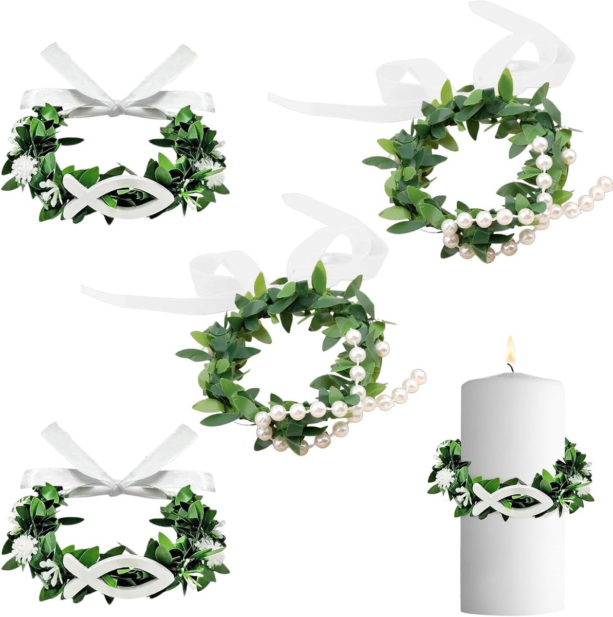 Decoratieset voor Communiekaarsen - 4 Stuks Witte Druppelvangers - Verstelbare Kaarsmanchetten voor Doop, Communie en Bruiloft - Beschermende Accessoires voor Kaarsen