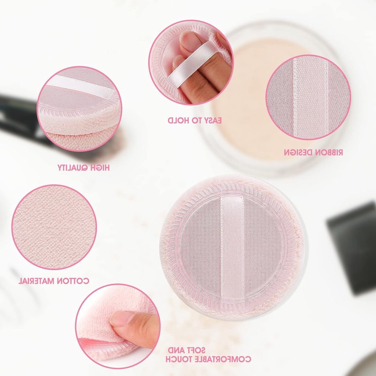 12 Stuks Losse Poeder Puff Roze Katoenen Pads voor Gezicht en Lichaam - Velours Applicators voor Make-up, Oogschaduw en Concealer