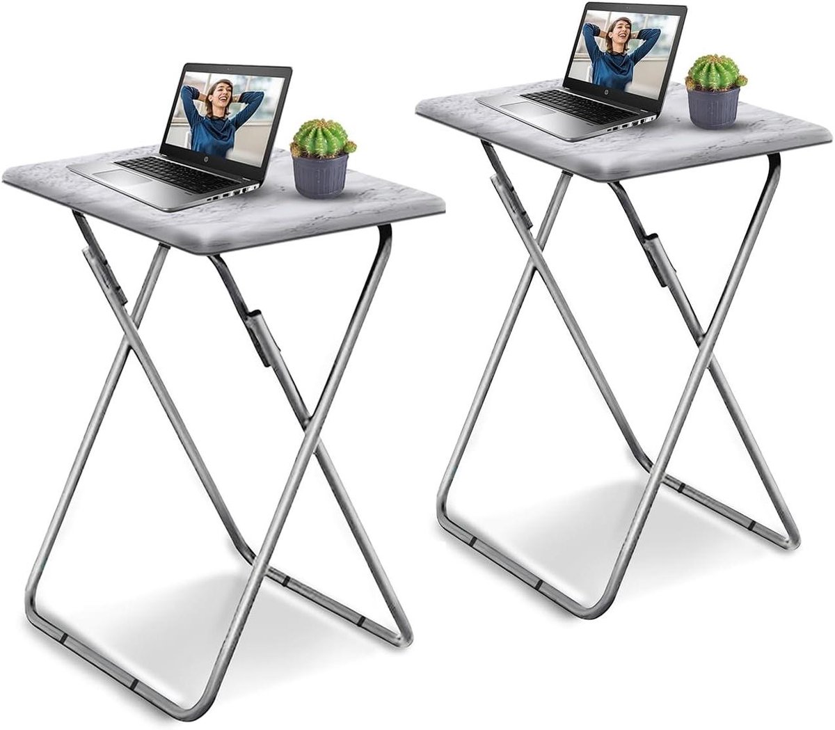 Opvouwbare Dienbladen - Eettafel Lade - Snacken en Eten - X-vormige Poten - 2 stuks - Wit Marmer