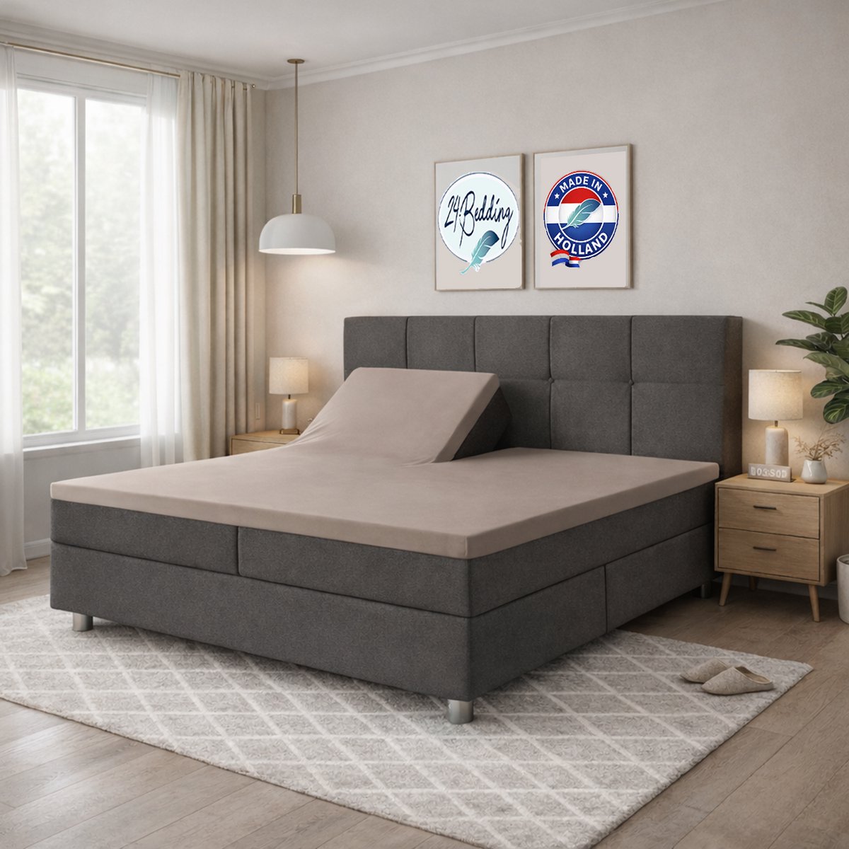 24-Bedding Splittopper Hoeslaken 160x220 cm Taupe - 100% Percaline Katoen - Verkoelend Splittopper Hoeslaken