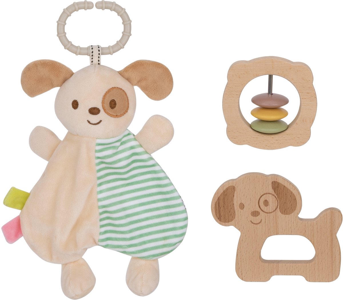 Tooky Toy Speelgoedset Baby - FSC Hout - 3-Delig: Rammelaar, Hondenspeeltje en Grijpspeeltje - Geschikt voor 6+ Maanden - Educatief & Montessori Speelgoed - Baby Cadeau - Kraamcadeau