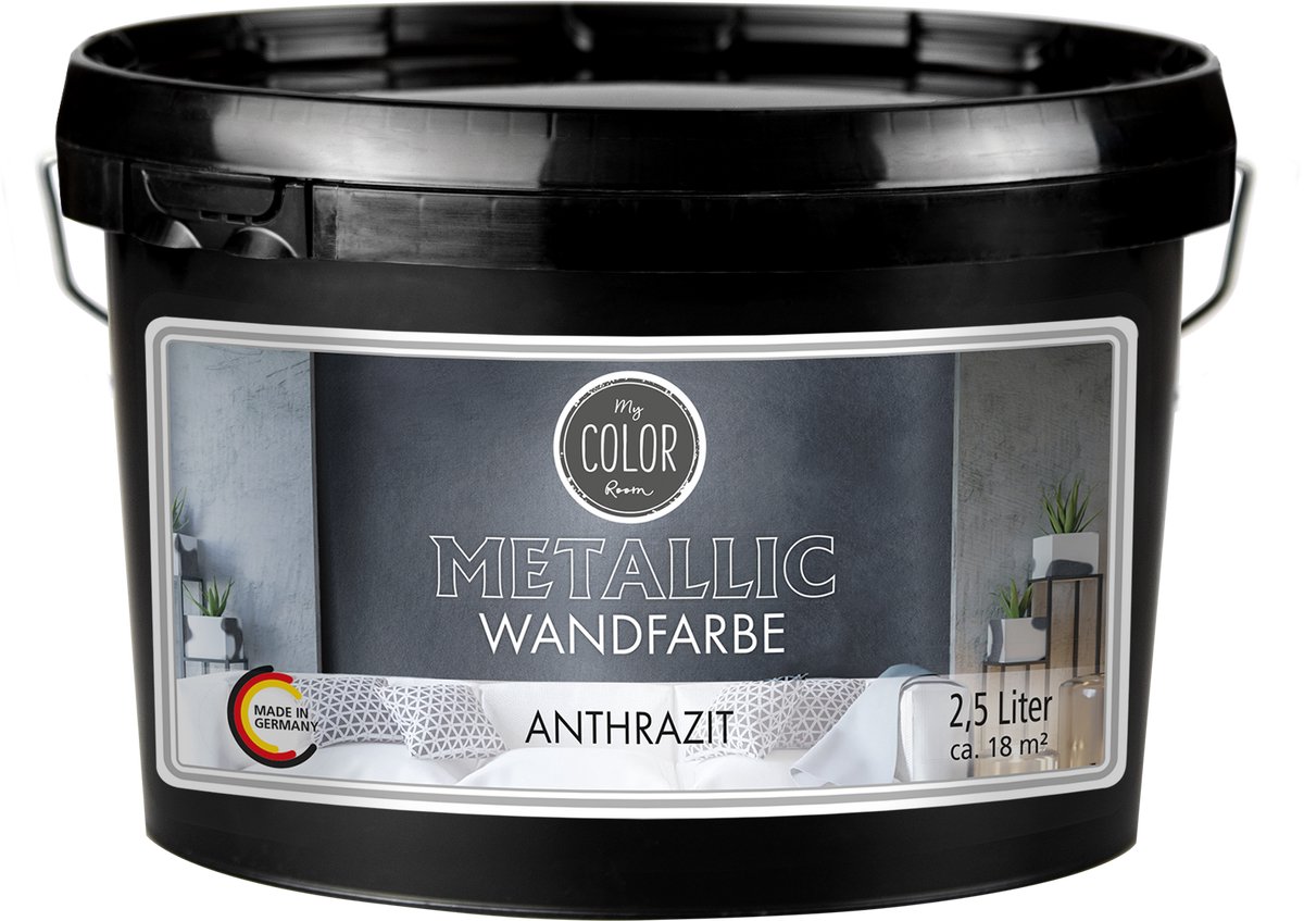 My Color Room Metallic Muurverf - Hoogglans Afwerking - Waterbasis - Terpentine vrij - Antraciet - 2,5 Liter