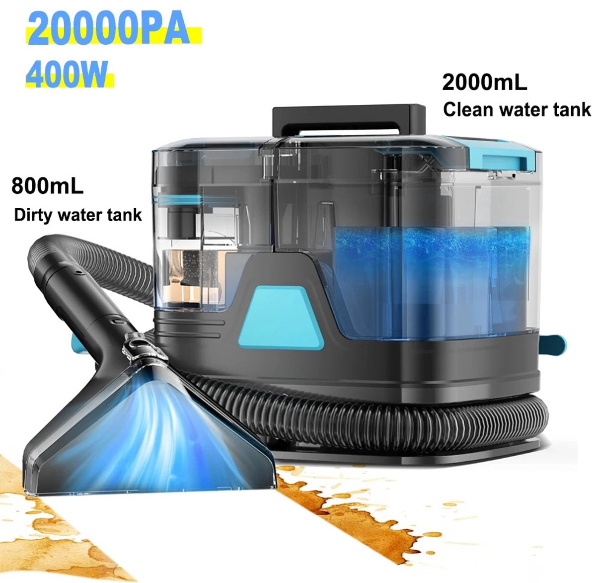 Miryx C8 Water Tapijtreiniger - Stoomreiniger - 15KPa - 20.000 PA Zuigkrach - Handheld - Spot Cleaner - Dual Watertank - Vlekkenreiniger - Zwart