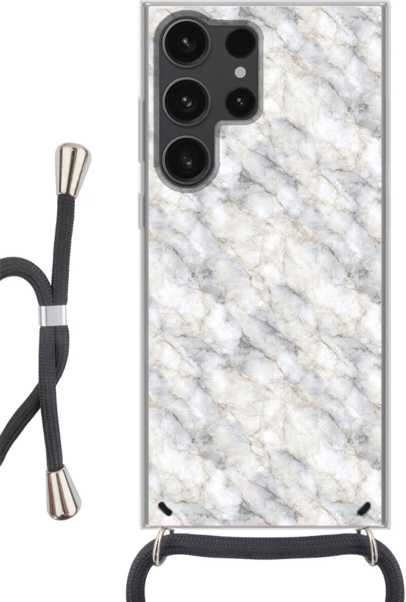 Telefoonhoesje Geschikt voor Samsung Galaxy S23 Ultra - Grijs - Marmer print - Gedetailleerd - Siliconen - Crossbody - Backcover met Koord - Telefoonhoesje met koord - Hoesje met touw Telefoonhoesje