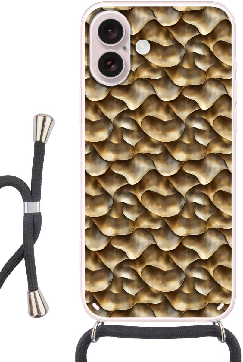 Telefoonhoesje Geschikt voor iPhone 16 - Abstract - Antiek - Goud - Siliconen - Crossbody - Backcover met Koord - Telefoonhoesje met koord - Hoesje met touw Telefoonhoesje
