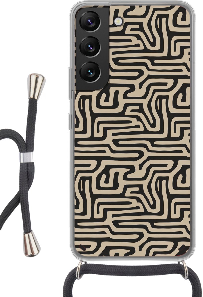 Telefoonhoesje Geschikt voor Samsung Galaxy S22 - Grafisch - Lijnen - Zwart - Siliconen - Crossbody - Backcover met Koord - Telefoonhoesje met koord - Hoesje met touw Telefoonhoesje