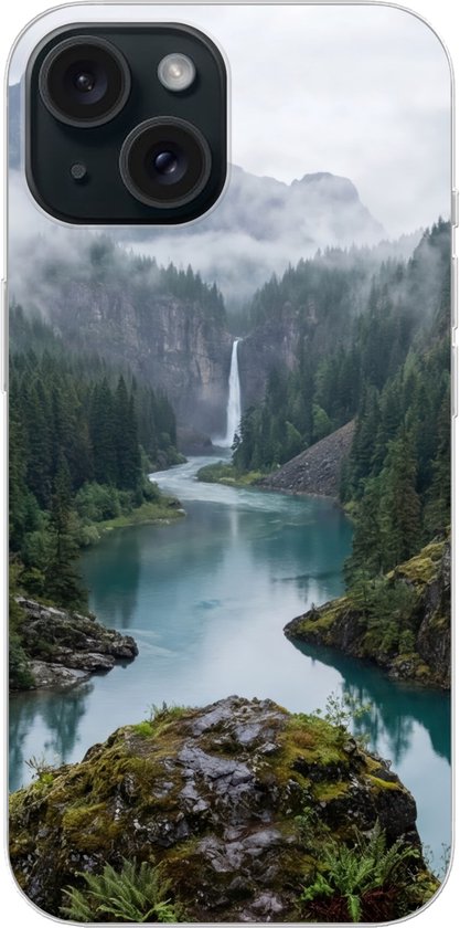 Coque de téléphone compatible avec iPhone 15 - Cascade - Arbres - Montagnes - Coque de téléphone en silicone