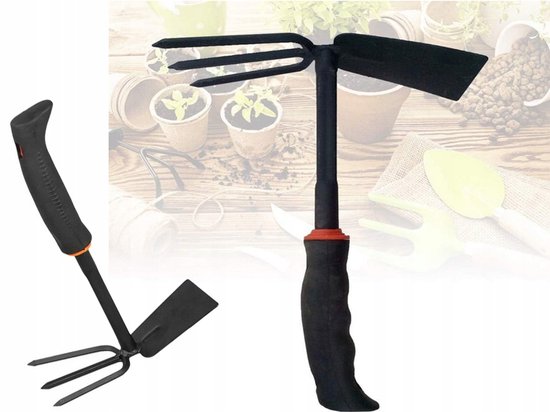 dubbele tuinschoffel met stalen driehoek - schoffel met twee koppen voor onderhoud en wieden - tuinschoffel met 3 punten van Kinzo Garden — afbeelding 4